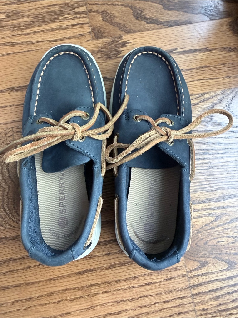 Sperry Navy Leather Moccasin-Style Boat Shoes with Tan Laces